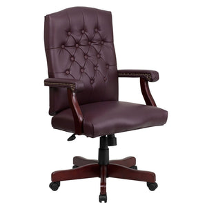 English Elm Martha Executive Swivel Chair – Classic Tufted Design with Ergonomic Comfort for Professional Workspaces Burgundy LeatherSoft/Mahogany Frame 801L-LF0019-BY-LEA-GG