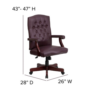 English Elm Martha Executive Swivel Chair – Classic Tufted Design with Ergonomic Comfort for Professional Workspaces Burgundy LeatherSoft/Mahogany Frame 801L-LF0019-BY-LEA-GG