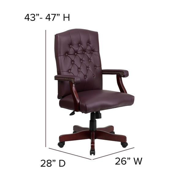 English Elm Martha Executive Swivel Chair – Classic Tufted Design with Ergonomic Comfort for Professional Workspaces Burgundy LeatherSoft/Mahogany Frame 801L-LF0019-BY-LEA-GG
