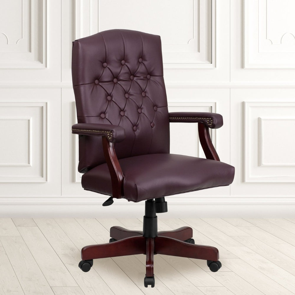 English Elm Martha Executive Swivel Chair – Classic Tufted Design with Ergonomic Comfort for Professional Workspaces Burgundy LeatherSoft/Mahogany Frame 801L-LF0019-BY-LEA-GG
