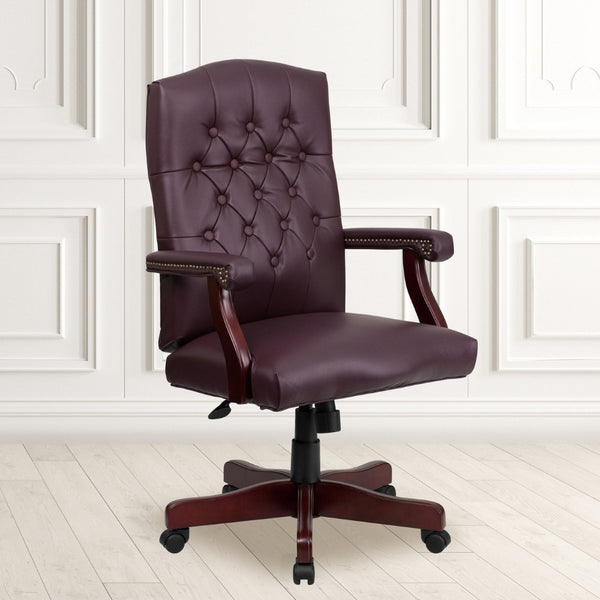 English Elm Martha Executive Swivel Chair – Classic Tufted Design with Ergonomic Comfort for Professional Workspaces Burgundy LeatherSoft/Mahogany Frame 801L-LF0019-BY-LEA-GG
