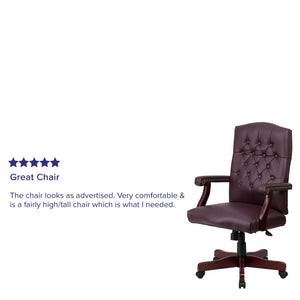 English Elm Martha Executive Swivel Chair – Classic Tufted Design with Ergonomic Comfort for Professional Workspaces Burgundy LeatherSoft/Mahogany Frame 801L-LF0019-BY-LEA-GG