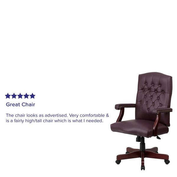 English Elm Martha Executive Swivel Chair – Classic Tufted Design with Ergonomic Comfort for Professional Workspaces Burgundy LeatherSoft/Mahogany Frame 801L-LF0019-BY-LEA-GG