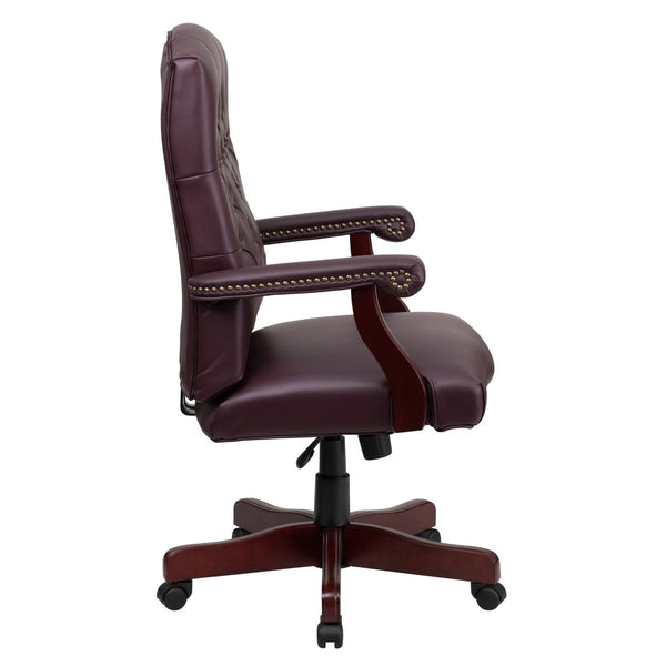 English Elm Martha Executive Swivel Chair – Classic Tufted Design with Ergonomic Comfort for Professional Workspaces Burgundy LeatherSoft/Mahogany Frame 801L-LF0019-BY-LEA-GG