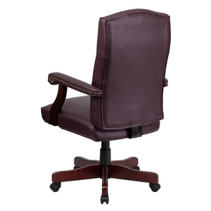 English Elm Martha Executive Swivel Chair – Classic Tufted Design with Ergonomic Comfort for Professional Workspaces Burgundy LeatherSoft/Mahogany Frame 801L-LF0019-BY-LEA-GG