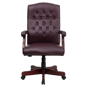 English Elm Martha Executive Swivel Chair – Classic Tufted Design with Ergonomic Comfort for Professional Workspaces Burgundy LeatherSoft/Mahogany Frame 801L-LF0019-BY-LEA-GG