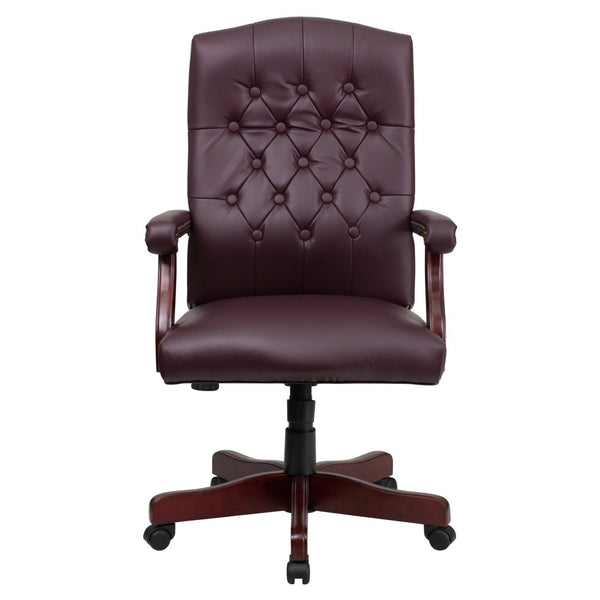 English Elm Martha Executive Swivel Chair – Classic Tufted Design with Ergonomic Comfort for Professional Workspaces Burgundy LeatherSoft/Mahogany Frame 801L-LF0019-BY-LEA-GG