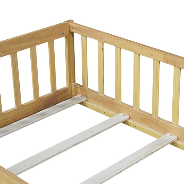 English Elm Twin Size Rubberwood Floor Bed with Safety Fence for Toddler Rooms Natural Finish W504P370531