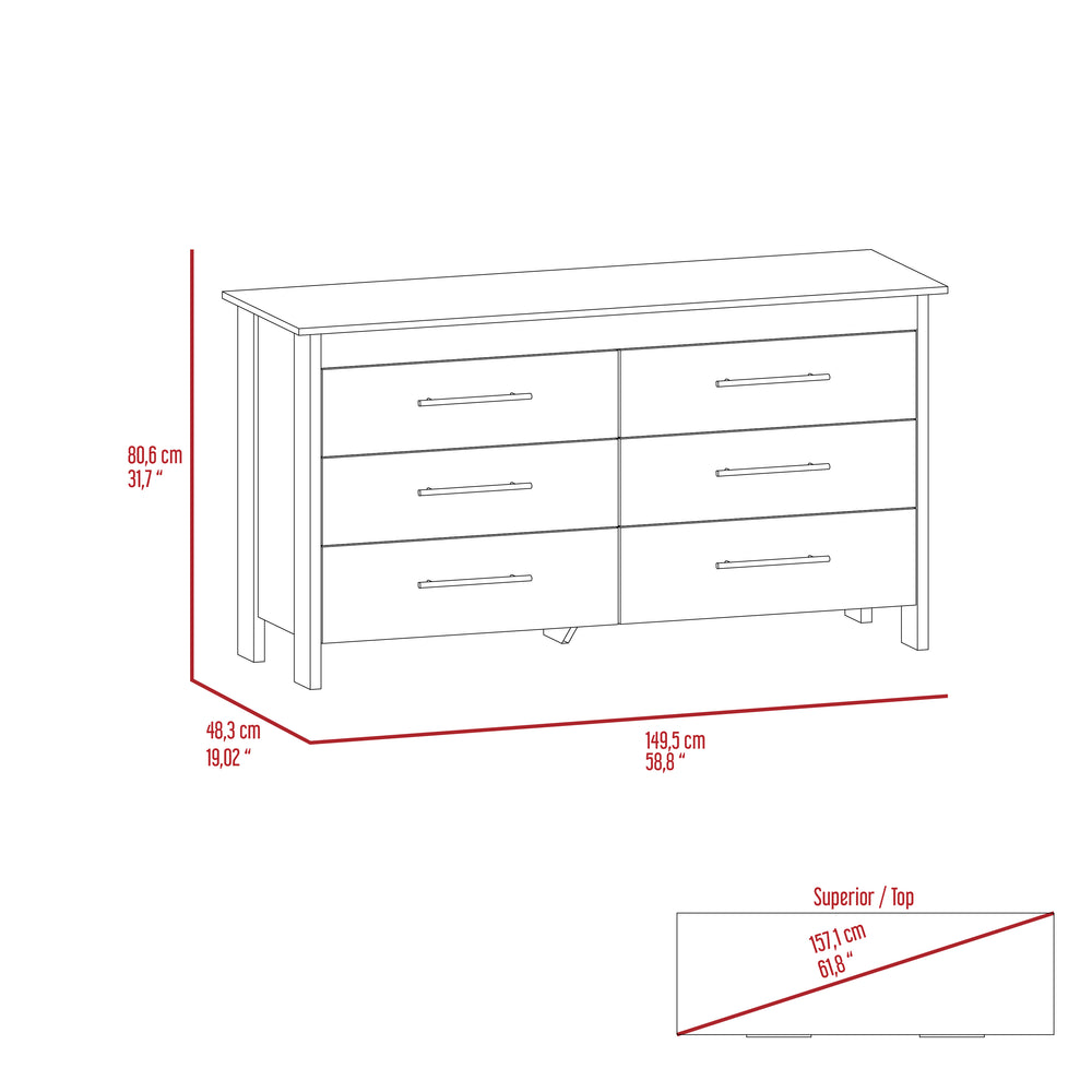 English Elm Luxor Six Drawer Double Dresser White - Modern Minimalist 31.7" Height, Sturdy Elevated Base, Ample Storage B128S00099