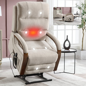 English Elm Power Lift Recliner Chair Chenille Upholstery Dual Motor Heat Massage Solid Wood Arms Beige W1803S00077