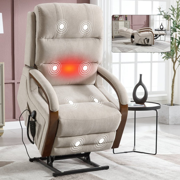 English Elm Power Lift Recliner Chair Chenille Upholstery Dual Motor Heat Massage Solid Wood Arms Beige W1803S00077
