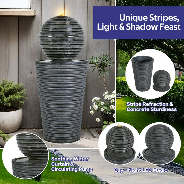 English Elm Christopher Knight Home® - 31.5"H Tall Striped Concrete Column Fountain with LED Light Effects, Weatherproof Accent for Courtyards N765P324550G