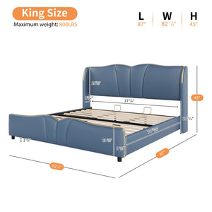 English Elm Christopher Knight Home® - King PU Leather Bed Frame with Wingback Headboard & Footboard, Gold Accents, Platform Slat Support, Elegant Design Antique Blue 85 L x 10 W x 3.25 H N761S0000017C
