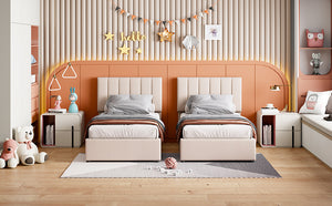 English Elm King Upholstered Hydraulic Storage Bed with Vertical Stripe Headboard, Linen Upholstery, 660lb Capacity Beige SF000285AAA