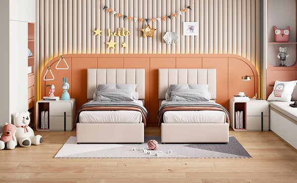 English Elm King Upholstered Hydraulic Storage Bed with Vertical Stripe Headboard, Linen Upholstery, 660lb Capacity Beige SF000285AAA