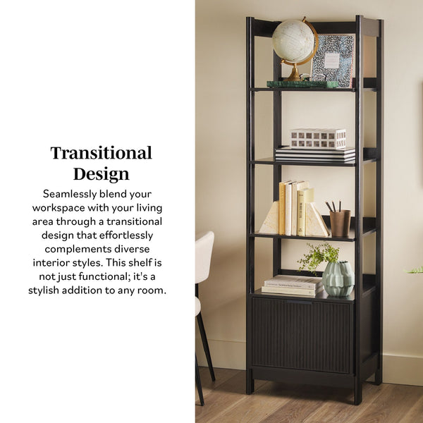 English Elm Walker Edison - Transitional Wide Reeded Bookshelf with Drawers on Bottom for Home Office, Spacious Shelving & Storage Black 75.38 L x 20.38 W x 6 H B185P200193