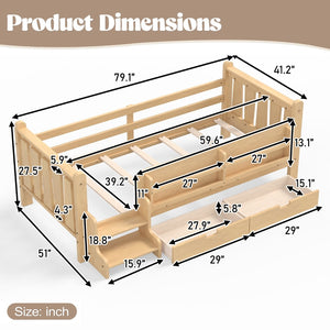 English Elm Twin Pine Floor Bed with Guardrails Built-in Bookcases and Stair Steps for Kids Light Natural W1580P430201