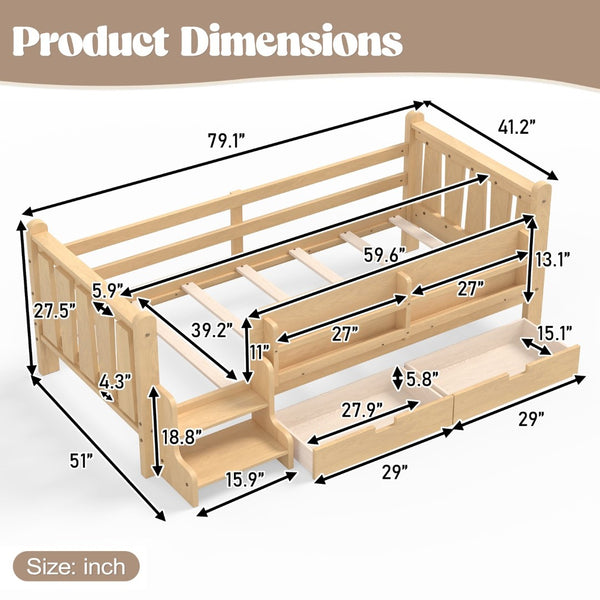 English Elm Twin Pine Floor Bed with Guardrails Built-in Bookcases and Stair Steps for Kids Light Natural W1580P430201