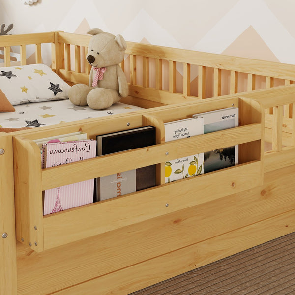 English Elm Full Montessori floor bed offering high rails, built-in light and shelf for safe independent sleep and storage Natural 79.13 L x 13 W x 6.3 H W2593P333587