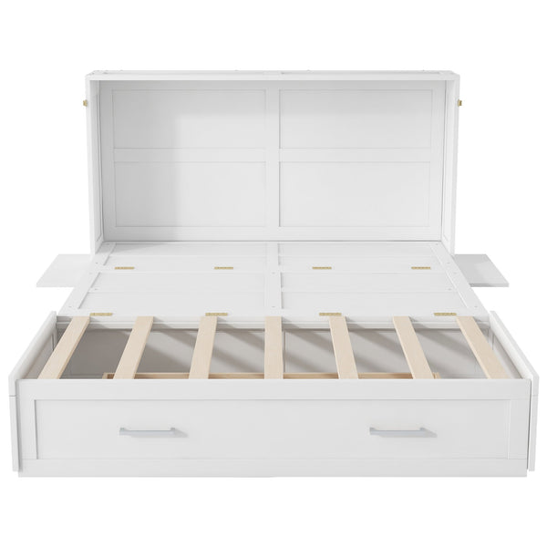 English Elm Queen Mobile Murphy Bed with Drawers & Side Shelves, White Fold-Up Queen Wall Bed for Guests SM000317AAK