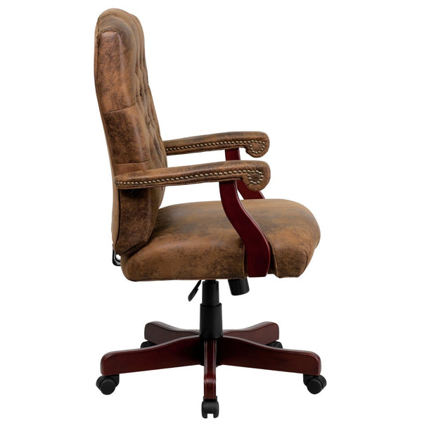 English Elm Derrick Executive Swivel Office Chair with Timeless Design, Plush Comfort, and Elegant Detailing Bomber Brown Microfiber/Mahogany Frame 802-BRN-GG