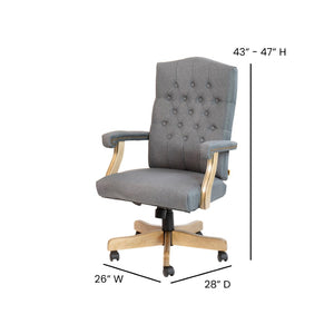 English Elm Derrick Gray Fabric Executive Swivel Chair - Ergonomic Comfort, Driftwood Arms & Classic Style 802-GR-GG