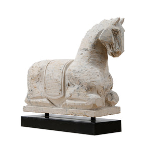 Lilys Travertine Horse Statue Black Wooden Base 8020