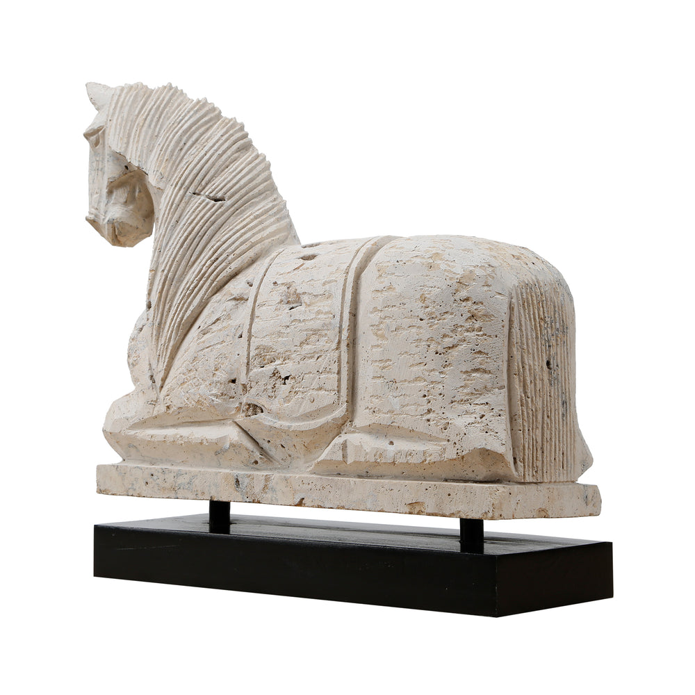 Lilys Travertine Horse Statue Black Wooden Base 8020