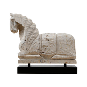 Lilys Travertine Horse Statue Black Wooden Base 8020