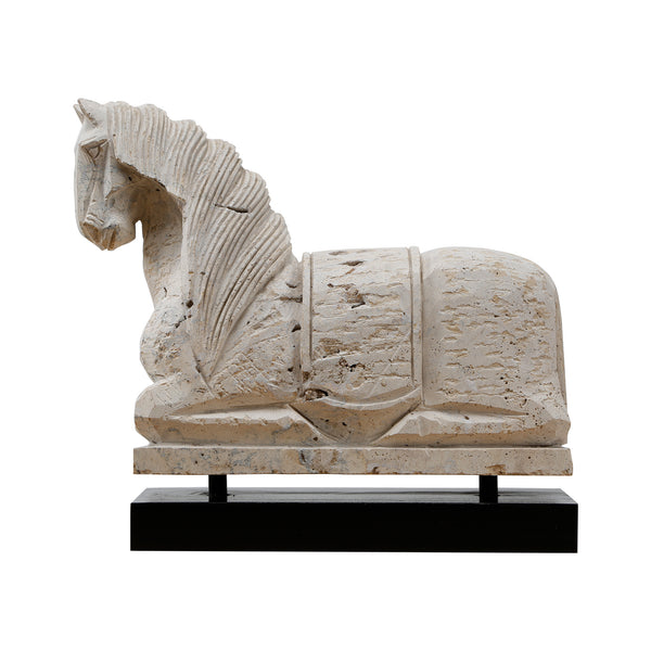 Lilys Travertine Horse Statue Black Wooden Base 8020
