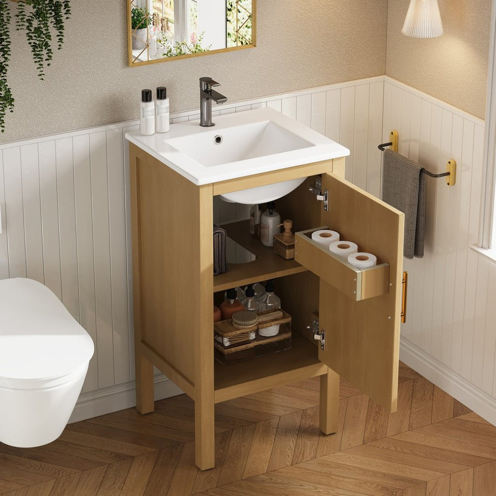 English Elm 18" Pine and Mdf Bathroom Vanity with Ceramic Basin Soft Close Hinged Cabinet N710P426321P
