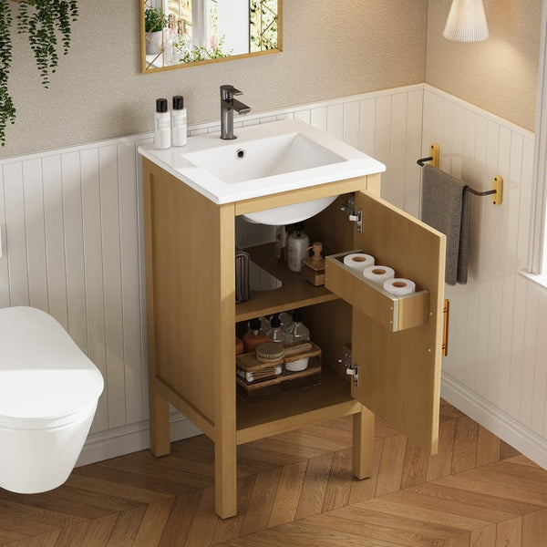 English Elm 18" Pine and Mdf Bathroom Vanity with Ceramic Basin Soft Close Hinged Cabinet N710P426321P