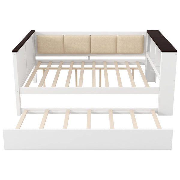 English Elm Twin Pine Wood Daybed with Trundle Upholstered Backrest Storage Shelf and Usb Port N7090002233K