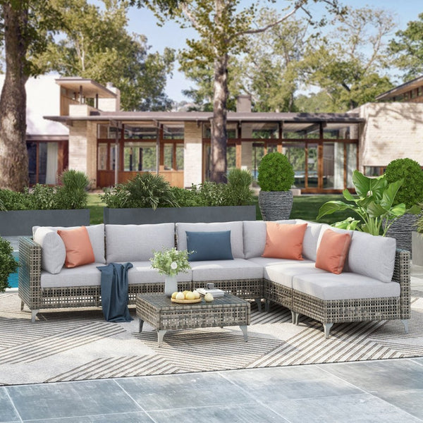 English Elm K&k 7 Piece Outdoor Modular Sectional Wicker Sofa Set with Tempered Glass Coffee Table Grey N707S000011G