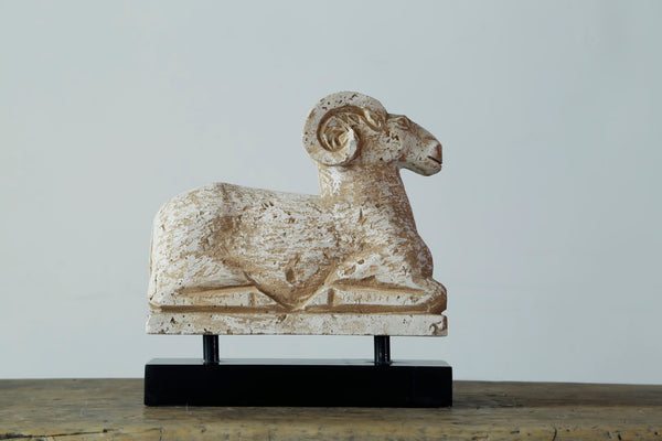 Lilys Travertine Ram Statue With Black Wooden Base 8021