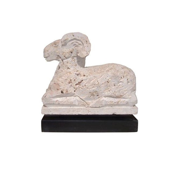 Lilys Travertine Ram Statue With Black Wooden Base 8021