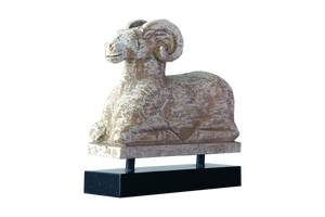 Lilys Travertine Ram Statue With Black Wooden Base 8021