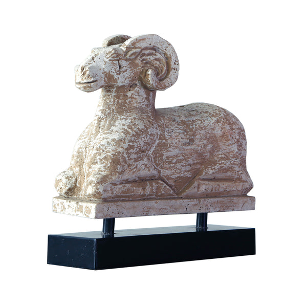 Lilys Travertine Ram Statue With Black Wooden Base 8021