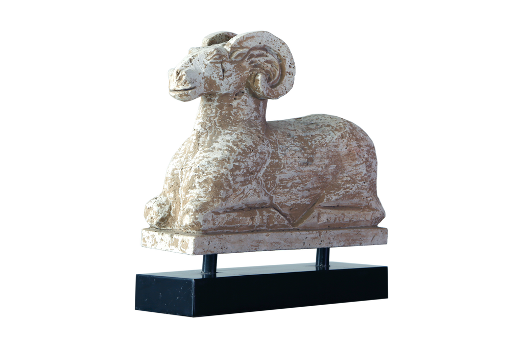 Lilys Travertine Ram Statue With Black Wooden Base 8021