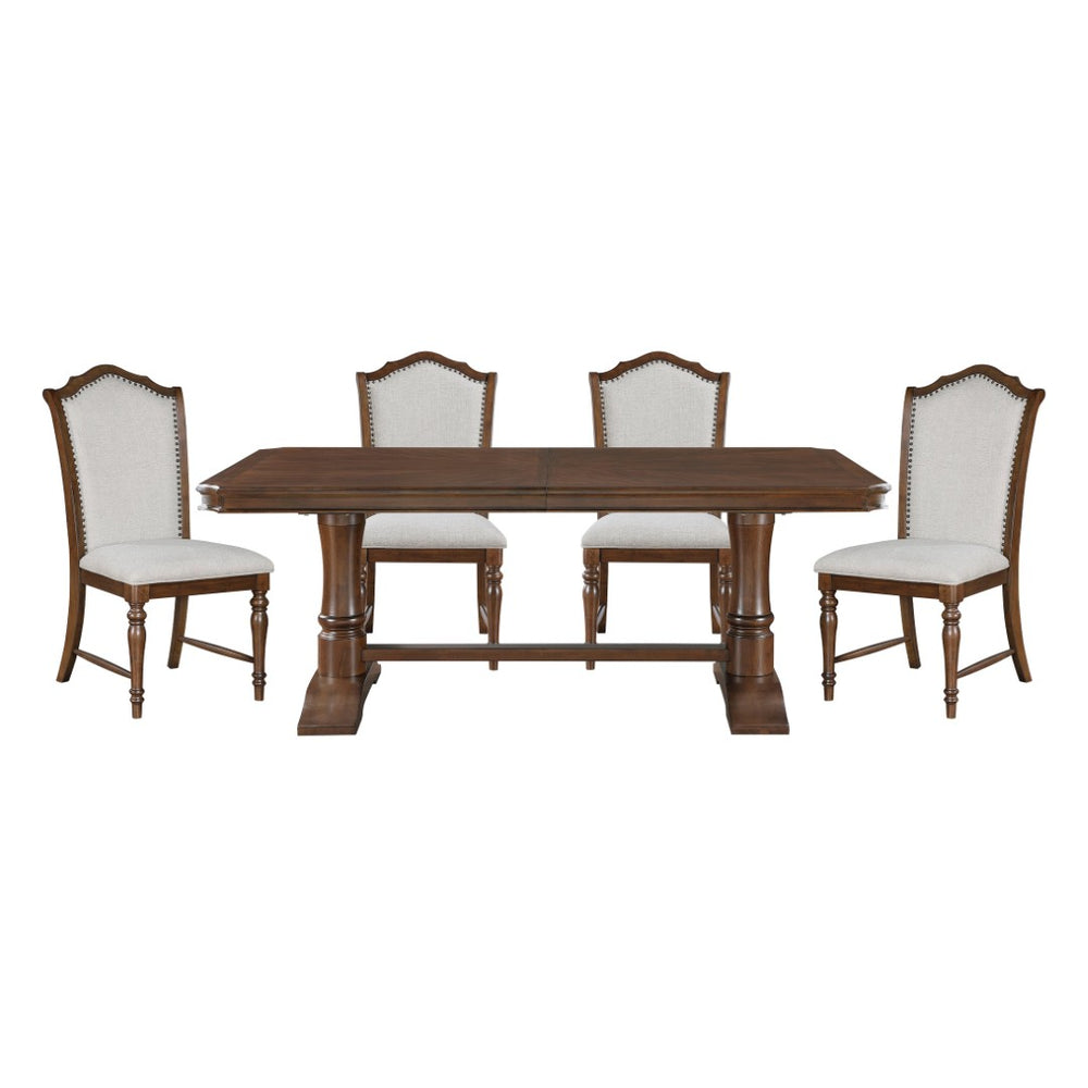 English Elm Formal Cherry Trestle Dining Set with Nailhead Chairs and Self Storing Extension Leaf B011S01372