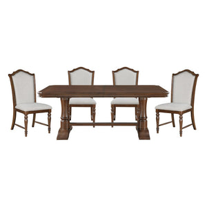 English Elm Formal Cherry Trestle Dining Set with Nailhead Chairs and Self Storing Extension Leaf B011S01372