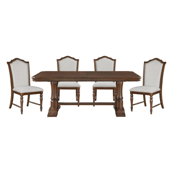 English Elm Formal Cherry Trestle Dining Set with Nailhead Chairs and Self Storing Extension Leaf B011S01372