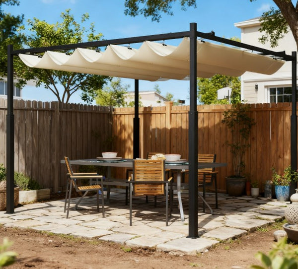 English Elm Easy Outdoor Pergola with Retractable Upf30 Canopy Powder Coated Metal Patio Frame T3971P426915