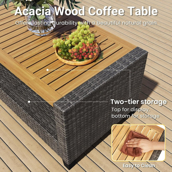 English Elm 4-piece Wicker Outdoor Conversation Set with Acacia Wood Table and Foam Cushions Grey+Brown B082S00062