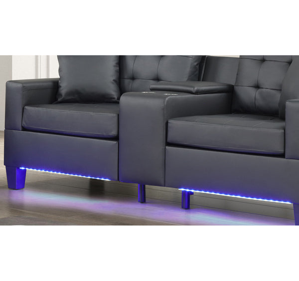 English Elm PVC Tufted Upholstered Sofa with LED Lights, USB Charging, Storage Console & Cupholders for Modern Living Room Comfort and Style B016S00048