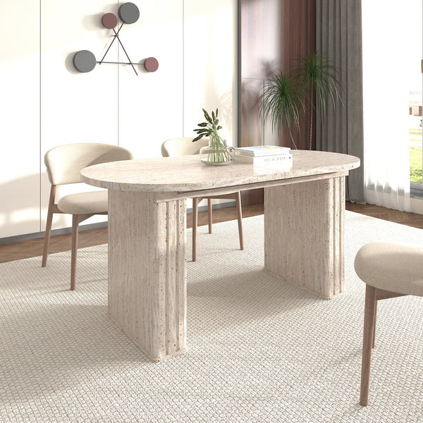 English Elm Kitchen extendable dining table with travertine-inspired melamine top, rounded edges, sturdy wooden base for family gatherings Beige W1347S00017