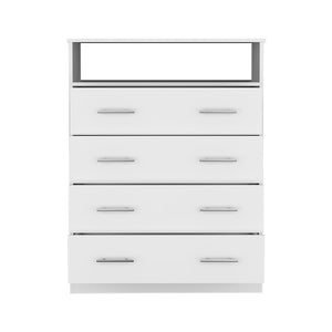 English Elm Four Drawer Dresser with Superior Top and Open Shelf, Engineered Wood, Metal Hardware, Modern Storage White 47 L x 21 W x 4 H B097S00114