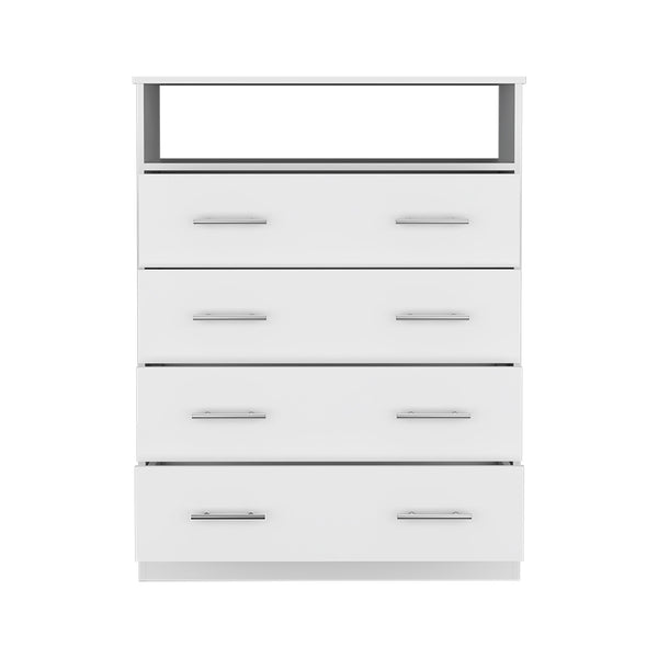 English Elm Four Drawer Dresser with Superior Top and Open Shelf, Engineered Wood, Metal Hardware, Modern Storage White 47 L x 21 W x 4 H B097S00114