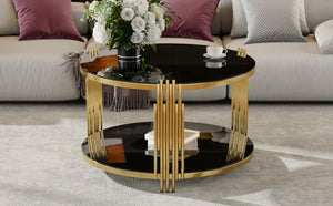 English Elm Modern Round Coffee Table Black Tempered Glass Top Gold Drum Base Living Room Glam N735P177478B