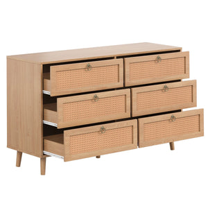 English Elm Rattan 6-Drawer Double Dresser with Handwoven PE Rattan Fronts, Wood Top, Copper Pulls, Spacious Storage Vintage T3623P411339